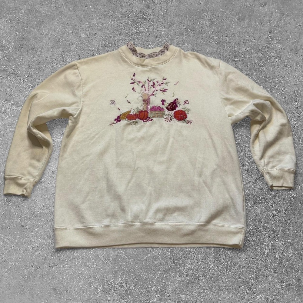 Bobbie Brooks Womens Medium Fall Harvest Embroidered Pumpkin Sweatshirt Cream